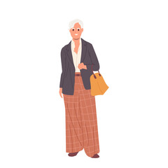 Wall Mural - Full length portrait of old aged gray-haired woman cartoon character having modern fashion look