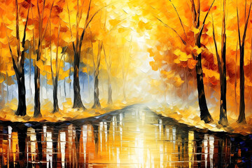 Wall Mural - Autumn Fall Forest Oil Painting Landscape. AI generative. Canvas Texture, Brush Strokes.