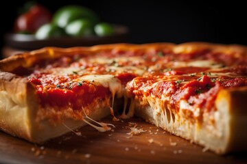 Classic Chicago pizza close up shot. Generative AI