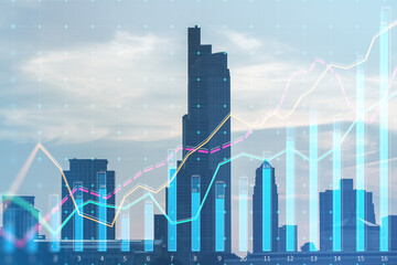 Wall Mural - Creative growing business chart grid on blurry city wallpaper. Corporate growth plan and company development concept. Double exposure.