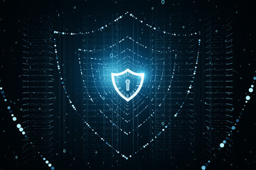Poster - Glowing polygonal web security shield hologram on blurry background. Digital interface and protection concept. 3D Rendering.