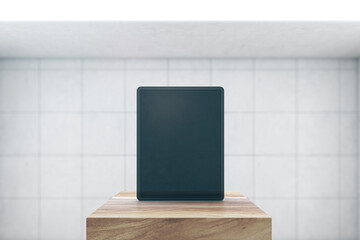 Poster - Front view on blank black modern digital tablet screen with space for web design, website or application on wooden stage in empty room with light tiles wall background. 3D rendering, mockup