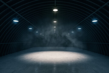 Poster - Front view dark smokey garage interior with spotlight and concrete floor, car background and empty stage concept. 3D Rendering, mockup