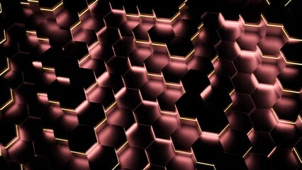 Poster - Neon hexagons move in waves on in dark. Design. Hexagons moving in waves with fluorescent illumination in dark. Neon black hexagons move in waves in background animation