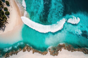 Sticker - an aerial view of a tropical beach and turquoise ocean. Generative AI