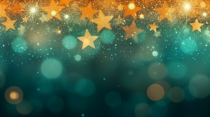 Vibrant abstract composition of stars, glittering lights and bokeh in warm orange and green gradient, celebratory atmosphere with effect of fireworks display sense of wonder and festivity.