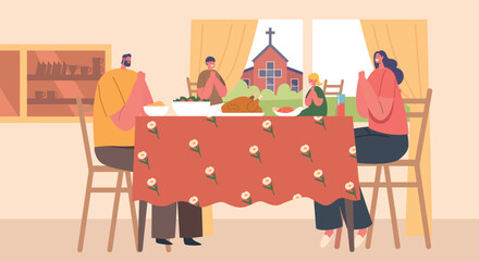 Wall Mural - Christian Family Prays Together During Mealtime, Expressing Faith, Unity, And Gratitude In Their Spiritual Tradition