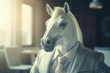 Anthropomorphic fairy horse dressed in a suit like a businessman. Business Concept. AI generated, human enhanced