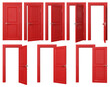 Red doors set with silver handle. Front view opened and closed door isolated on transparent background. 3D rendered image.