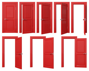 Poster - Red doors set with silver handle. Front view opened and closed door isolated on transparent background. 3D rendered image.