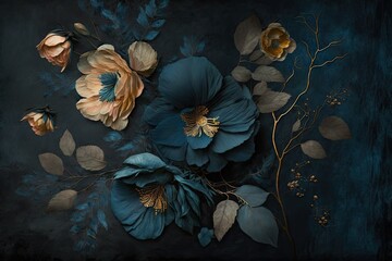 Wall Mural - Subtly textured blue and gold painted flowers dark moody background. Generative AI AIG15.