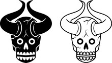 Black White Illustration Of A Skull, Horns. Line Art, Silhouette, Simple Style. Used For Symbol, Logo, Mascot, Print, T-shirt Design. PNG Background