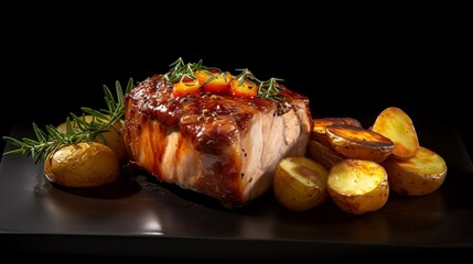 Wall Mural - Baked pork ribs with rosemary and potatoes on a black background. Created with generative AI