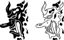Black White Tengu Demon Vector Illustration. Traditional, Japanese, Line Art, Silhouette Style. Used For Decoration, Mascot Logo, Clothing, Print, T-shirt Design