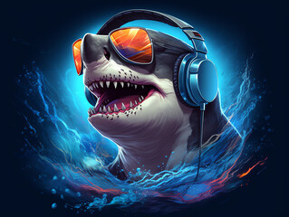 Great white shark wearing sunglasses and headphones listening to music surrounded by waves of the ocean - Generative AI