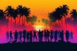 An abstract vector illustration of a sunset with a gradient sky, palm trees, and silhouettes of people dancing, reminiscent of 80s beach parties. Generative AI