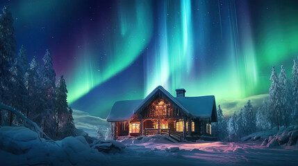 epic aurora borealis with the beautiful of home and snow