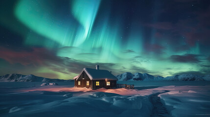 epic aurora borealis with the beautiful of home and snow