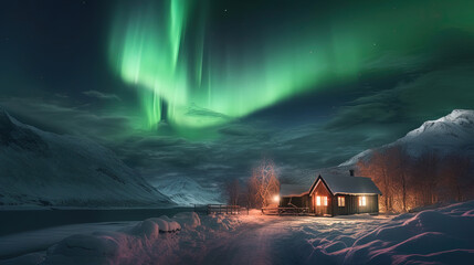 epic aurora borealis with the beautiful of home and snow