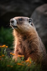 A captivating portrait capturing the active and lively essence of a marmot in its natural environment. The image showcases the playful and charming nature of this, created with generative A.I.