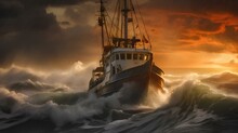 A Fishing Trawler In Trouble During A Heavy Storm With Fierce High Waves Around Sunset Off The Bering Strait. Generative AI