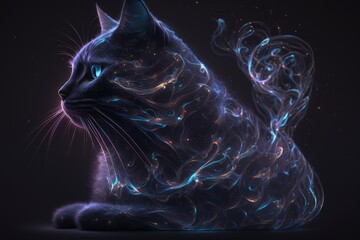 Magical black cat with galaxies spirals space nebulae stars smoke graphic. distinct generative AI image.