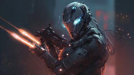 Wall Mural - A cyborg soldier with an energy gun. Fantasy concept , Illustration painting. Generative AI