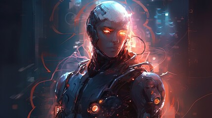 Wall Mural - A cyborg with a built-in energy shield. Fantasy concept , Illustration painting. 