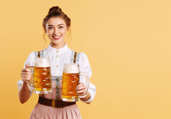 Wall Mural - Oktoberfest Tradition. Waitress wearing traditional clothes and holding beers at the festival isolated on pastel background with space to text. copy space. German culture concept. AI Generative	