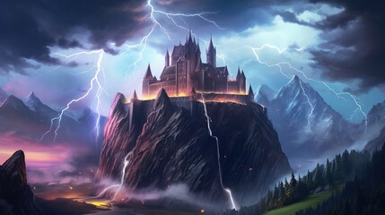 Sticker - A dark-fantasy castle perched atop a mountain, with lightning striking all around. Fantasy concept , Illustration painting. Generative AI