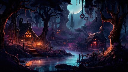 Wall Mural - A dark-fantasy forest with a witch's hut. Fantasy concept , Illustration painting. Generative AI
