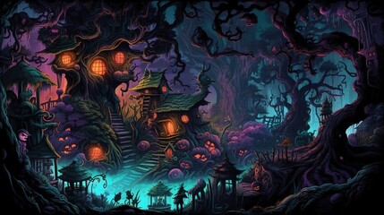 Wall Mural - A dark-fantasy forest with a witch's hut. Fantasy concept , Illustration painting. Generative AI