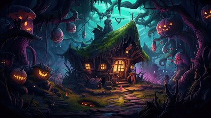 Wall Mural - A dark-fantasy forest with a witch's hut. Fantasy concept , Illustration painting. Generative AI