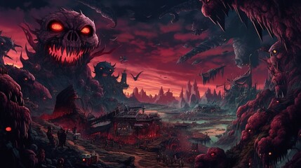 Wall Mural - A dark-fantasy wasteland with a demon lord and a horde of minions. Fantasy concept , Illustration painting. Generative AI