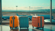 Colored suitcases in the departure hall of the airport, the concept of summer vacation and travel, the traveler's suitcase in the waiting area of the airport terminal, the emphasis on Generative AI