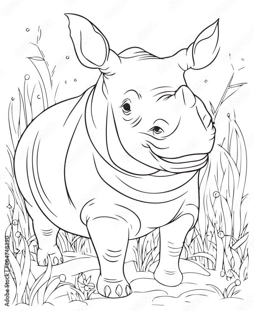 Black and White Cartoon Illustration of Rhino Animal, vector coloring ...