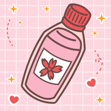 Kawaii Food Of Fresh Sakura Mineral Water Bottle Drink. Vector Hand Drawn Cute Cartoon Character Illustration Logo Icon. Cute Japan Anime, Manga Style