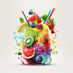 Illustrations of a drinking fruits cocktails with straw