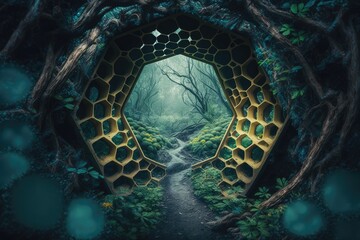 Wall Mural - The hidden hexagon tunnel of the mysterious forest. distinct generative AI image.