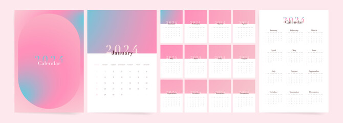 Wall Mural - 2024 Calendar template design. Week starts on Sunday pink office calendar for businesswoman. Aesthetic Gradient Design. Desktop planner in Modern Fashion Minimal Style. English vector calendar layout.