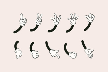 Retro Cartoon Hands Set in Different Gestures Showing Pointing Finger, Thumb Up, Rock sign, High Five. Vector Comic Arms