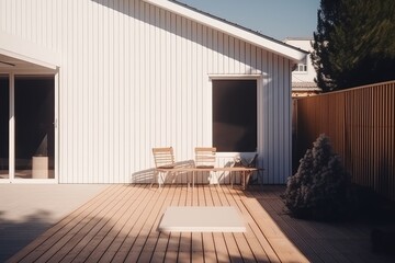 Canvas Print - Cozy Outdoor Dining Area on a Wooden Deck with a Table and Chairs Generative AI