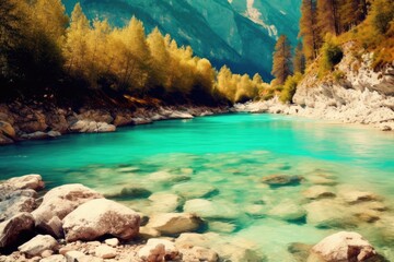 Poster - scenic river flowing through a rocky landscape with lush trees Generative AI