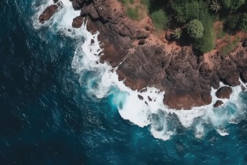 Sticker - ocean waves crashing against rocky shore in aerial view Generative AI