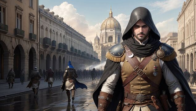 Fantasy Hooded Rogue Man with Beard in Beautiful City with a Crown in the Streets Matte Painting Background Wallpaper Generative AI Illustration