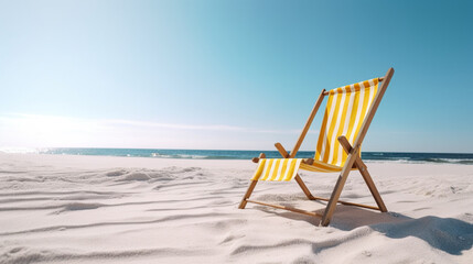 Wall Mural - A yellow beach chair on a beach with the sun shining on it.