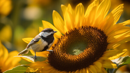 Sticker - A bird sits on a sunflower with a yellow flower in the background wallpaper