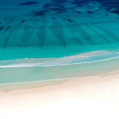 Wall Mural - Summer seascape beautiful waves on the sunny white sand beach, blue sea water in sunny day. Top view from drone. Sea aerial view, amazing tropical nature background. Beautiful bright sea waves splash