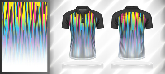 Vector sport pattern design template for Polo T-shirt front and back with short sleeve view mockup. Shades of grey-blue-yellow-pink-white color gradient abstract geometric line texture background.