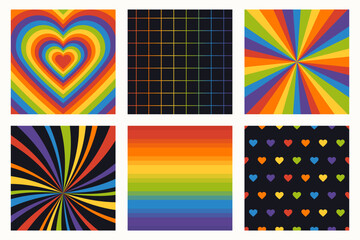 Wall Mural - Set of pride month abstract backgrounds. Lgbt flag colored heart shape, grid, swirl, rays, gradient. 